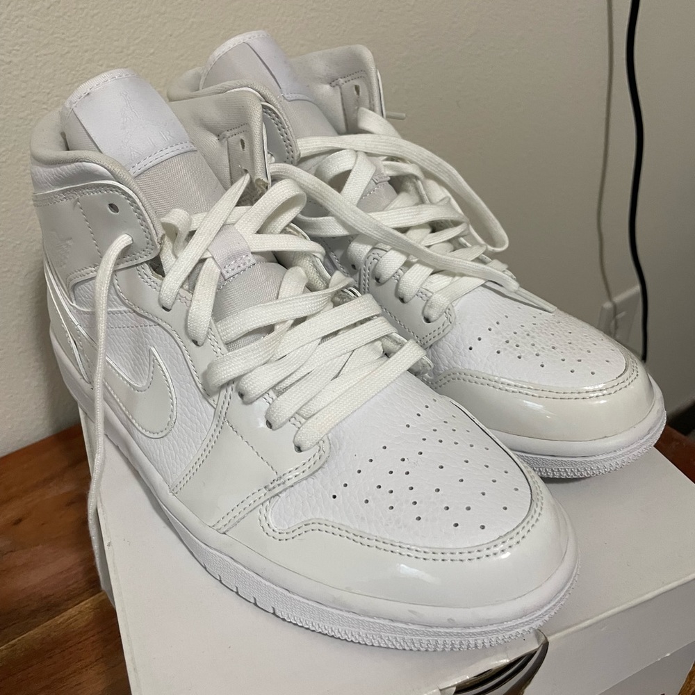 Nike Air Jordon 1 mid. Patent and white leather.